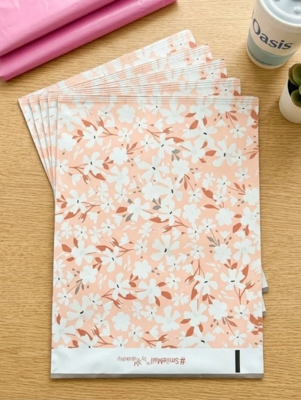 Peachy Pink Gray Floral Poly Mylar Like Mailers  Set of 10